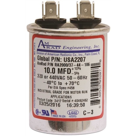Amrad Engineering ROUND MOTOR RUN CAPACITOR, 10 MFD, 370/440 VAC USA2207